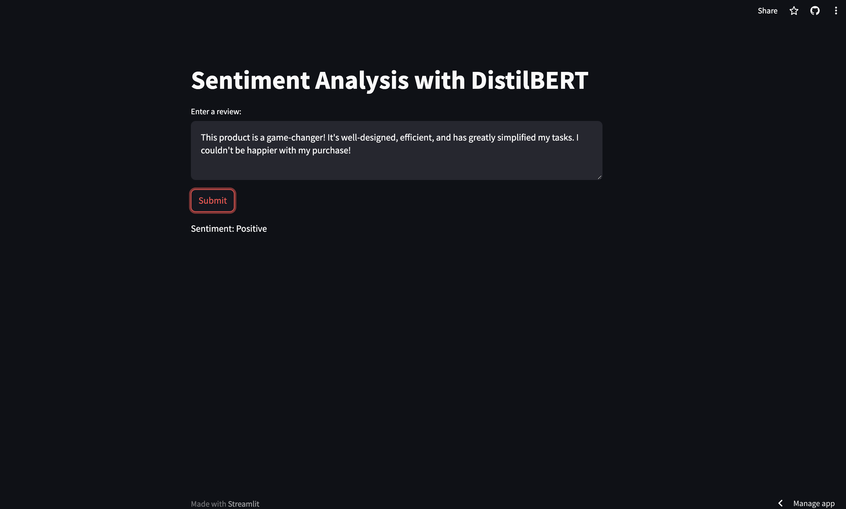 Sentiment Analysis with DistilBERT + Streamlit